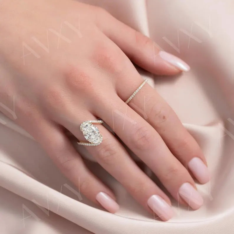 Oval 2.00CT Lab Grown Diamond Pave Band Bypass Shank Engagement Ring Promise Ring for Her Proposal Ring Unique Wedding Ring For Her
