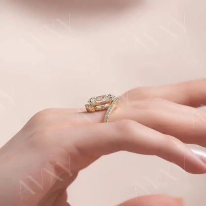 Oval 2.00CT Lab Grown Diamond Pave Band Bypass Shank Engagement Ring Promise Ring for Her Proposal Ring Unique Wedding Ring For Her