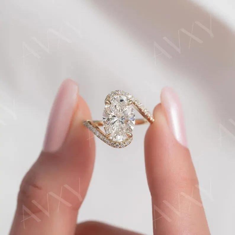 Oval 2.00CT Lab Grown Diamond Pave Band Bypass Shank Engagement Ring Promise Ring for Her Proposal Ring Unique Wedding Ring For Her