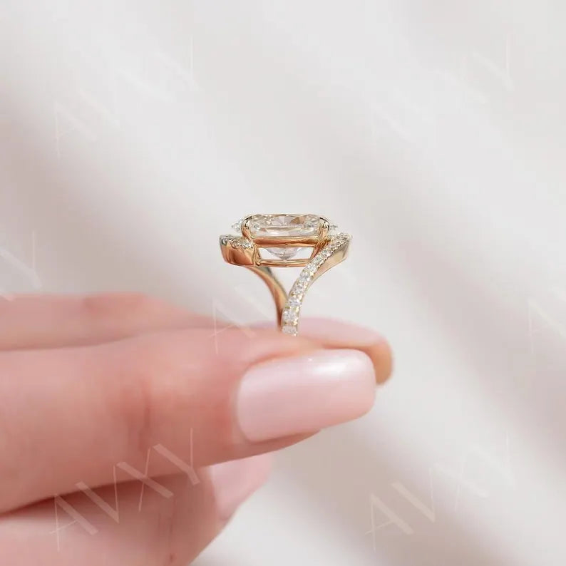 Oval 2.00CT Lab Grown Diamond Pave Band Bypass Shank Engagement Ring Promise Ring for Her Proposal Ring Unique Wedding Ring For Her