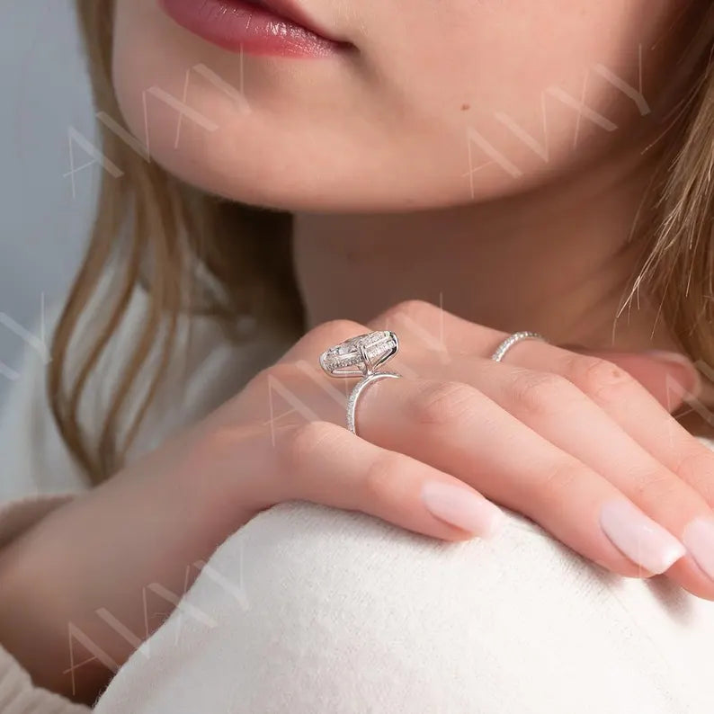 Radiant 2.50CT Lab Grown Diamond Hidden Halo With Pave Band Engagement Ring Promise Ring for Her Solitaire Ring Custom Made Ring For Her