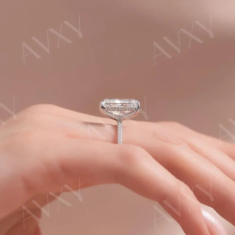 Radiant 2.50CT Lab Grown Diamond Hidden Halo With Pave Band Engagement Ring Promise Ring for Her Solitaire Ring Custom Made Ring For Her