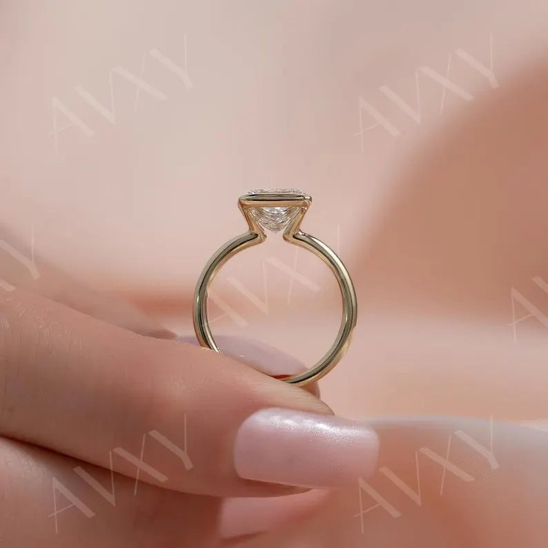 Princess 1.00CT Lab Grown Diamond Half Bezel Engagement Ring Forever classic Ring Custom Made Ring Diamond jewelry For Women