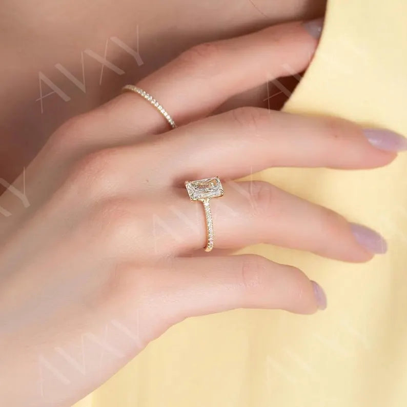 Radiant 3.00CT Lab Grown Diamond With Pave Band Solitaire Engagement Ring Promise Ring Anniversary Gift For Her Custom Made Diamond Ring