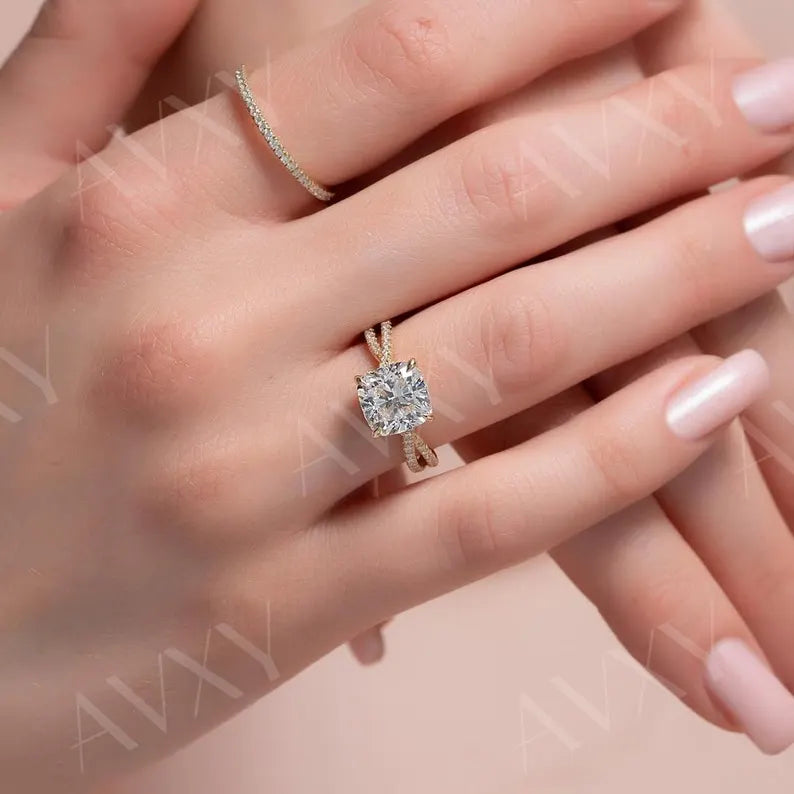 Cushion 1.50CT Lab Grown Diamond Twisted pave Band Engagement Ring Wedding Ring Bridal Jewelry Unique Proposal Ring For Her