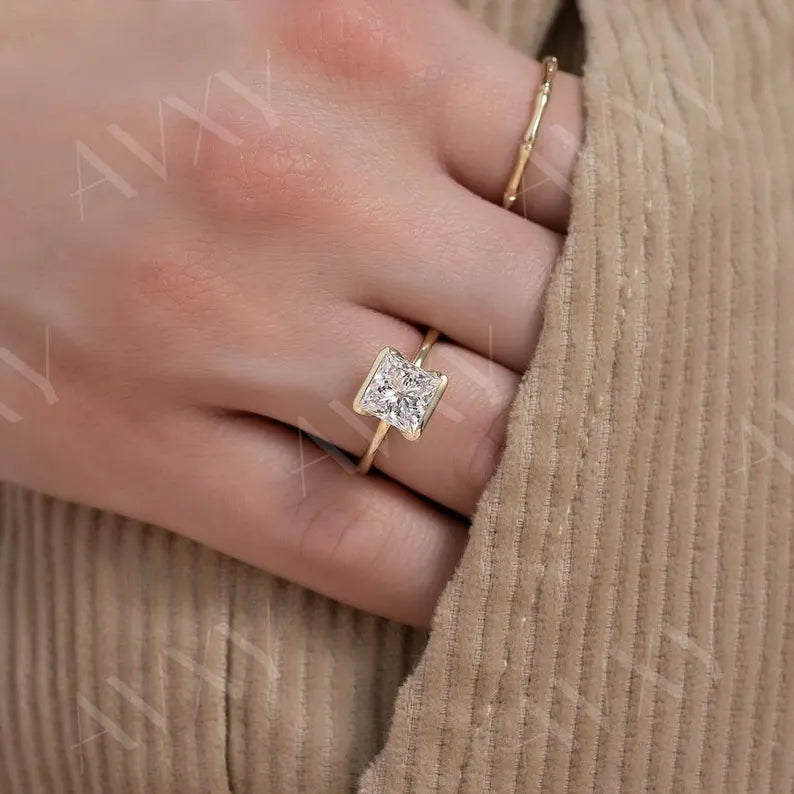 Princess 1.00CT Lab Grown Diamond Half Bezel Engagement Ring Forever classic Ring Custom Made Ring Diamond jewelry For Women
