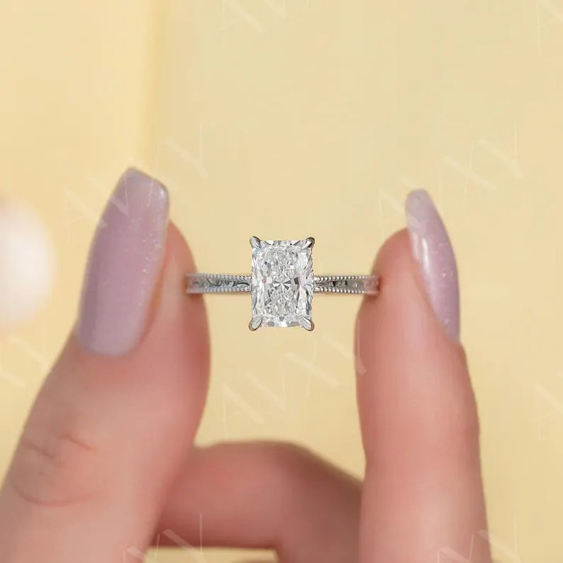 Radiant 3.00CT Lab Grown Diamond Hidden Halo With Pave Band Engagement Ring Promise Ring Gift For Newlyweds Mother Gift Diamond Ring