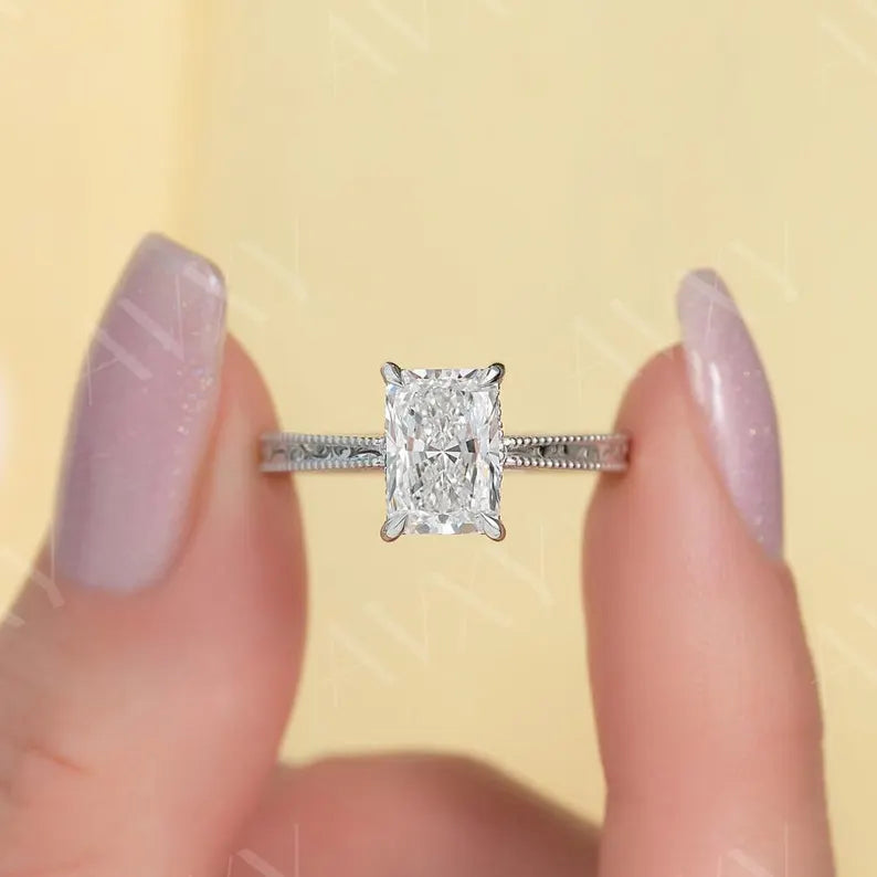 Radiant 2.50CT Lab Grown Diamond Double Hidden Halo With Pave Band Engagement Ring Unique Wedding Ring Bridal Ring Ring For Her