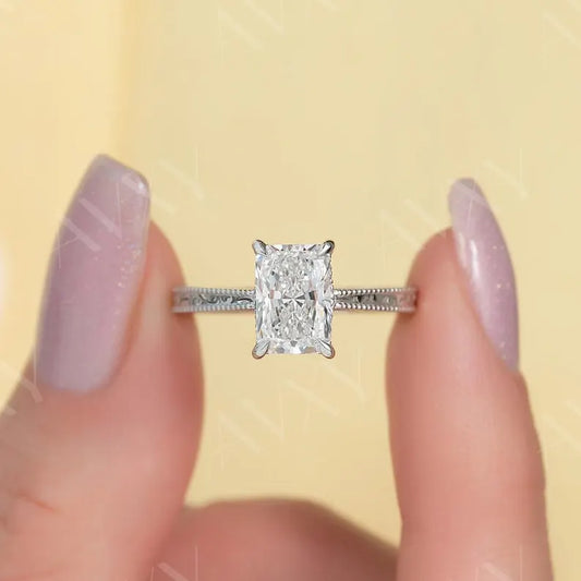 Radiant 2.50CT Lab Grown Diamond Double Hidden Halo With Pave Band Engagement Ring Unique Wedding Ring Bridal Ring Ring For Her