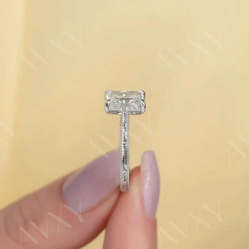 Radiant 3.00CT Lab Grown Diamond Hidden Halo With Pave Band Engagement Ring Promise Ring Gift For Newlyweds Mother Gift Diamond Ring