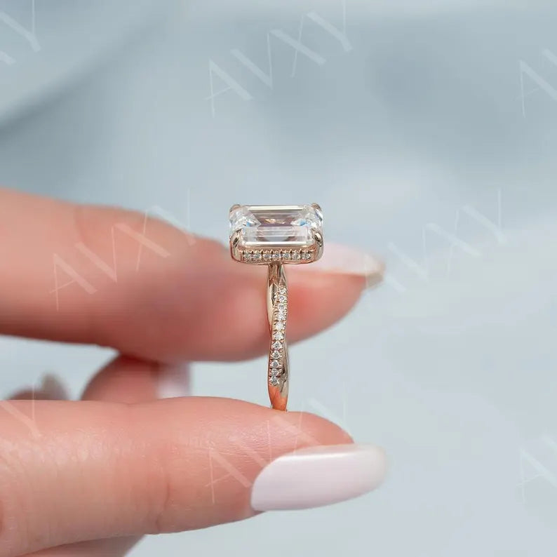 Emerald 4.00CT Lab Grown Diamond Hidden Halo With Twisted Pave Band Engagement Ring Anniversary Ring Gift For Girlfriend