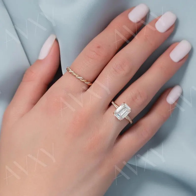 Emerald 4.00CT Lab Grown Diamond Hidden Halo With Twisted Pave Band Engagement Ring Anniversary Ring Gift For Girlfriend