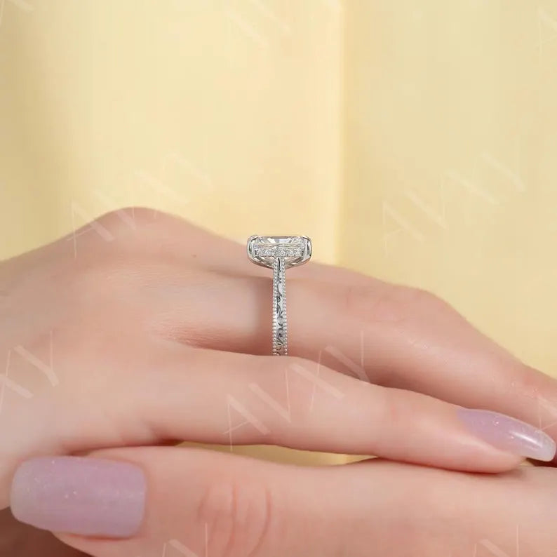 Radiant 2.50CT Lab Grown Diamond Double Hidden Halo With Pave Band Engagement Ring Unique Wedding Ring Bridal Ring Ring For Her