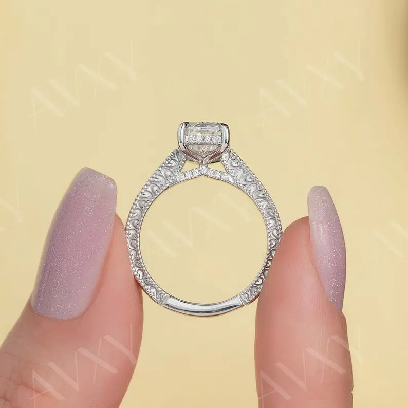 Radiant 2.50CT Lab Grown Diamond Double Hidden Halo With Pave Band Engagement Ring Unique Wedding Ring Bridal Ring Ring For Her