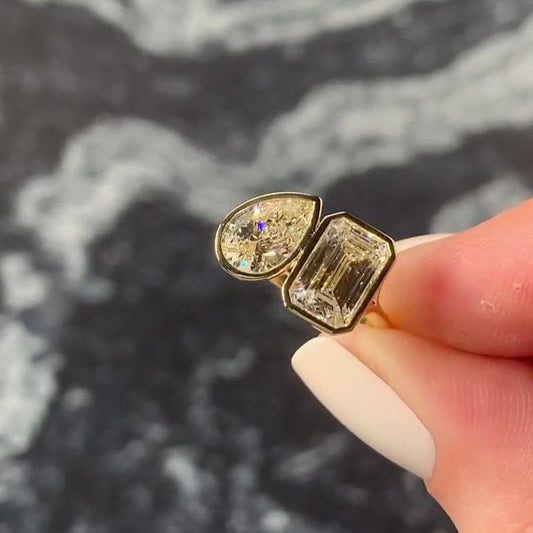 3.00TCW Emerald and Pear Toi Et Moi Lab Grown Diamond Engagement Ring | Bezel Setting | 14K/18K Gold | IGI Certified