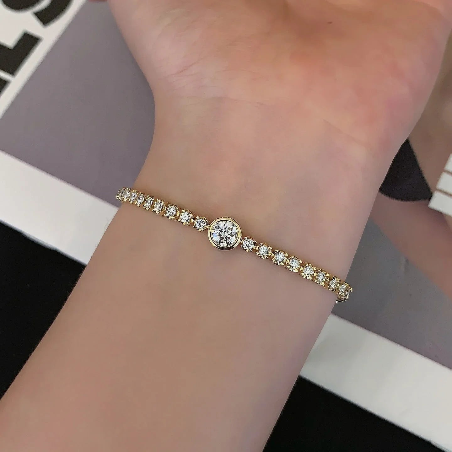 Luxury 6.50tcw Lab Diamond Tennis Bracelet | Yellow Gold | Bezel Design | IGI Certified 