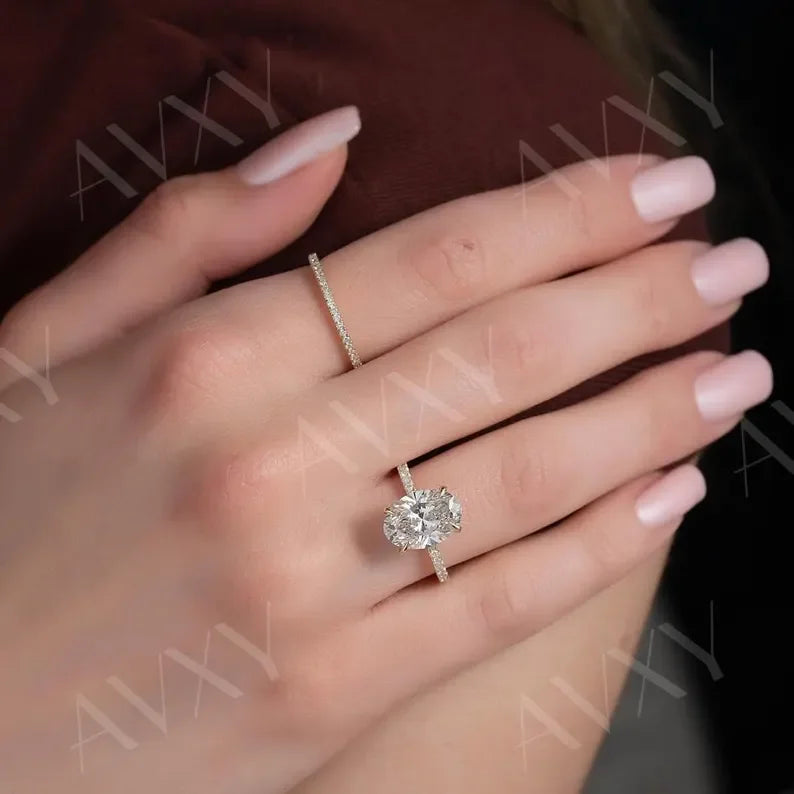 2.00CT Oval Lab Grown Diamond Hidden Halo Pavé Band Engagement Ring Wedding Ring Anniversary Gift Bridal Jewelry Luxury Ring for Her
