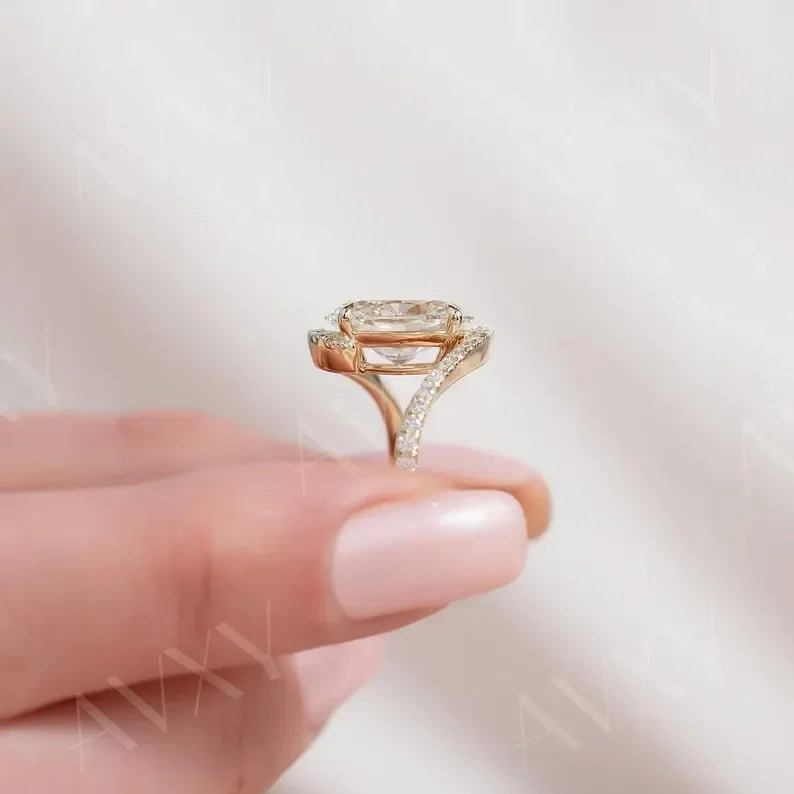 Oval 2.00CT Lab Grown Diamond Ring for Engagement with Pavé Band Bypass Shank, Promise Proposal Wedding Ring, Unique Gift for Her Jewelry
