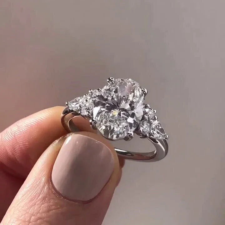 4.00 TCW Oval Lab Grown Diamond Engagement Ring 3 CT Center Six Side Stones IGI Certified Bridal Wedding Ring Luxury Jewelry Gift for Her
