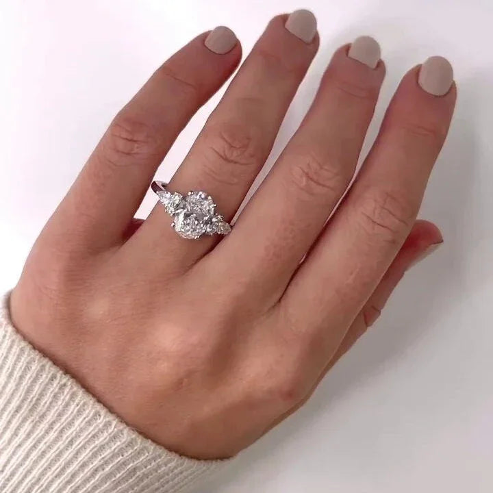 Oval 4.00 TCW Lab Grown Diamond Engagement Ring | 3 CT Center with Six Side Stones | IGI Certified 