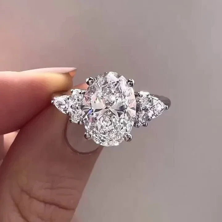 Oval 4.00 TCW Lab Grown Diamond Engagement Ring 3 CT Center Six Side Stones IGI Certified Wedding Ring Bridal Jewelry Luxury Gift for Her
