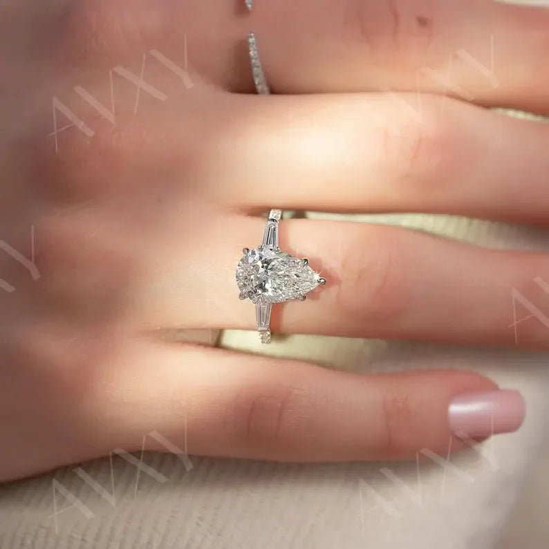 2.50CT Pear Lab Grown Diamond Pavé Band Engagement Ring Promise Wedding Ring Anniversary Gift Bridal Jewelry Unique Ring for Wife Her Gift
