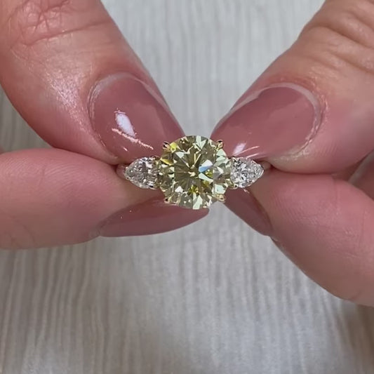 Luxury 3.50 TCW fancy yellow round lab grown diamond engagement ring, IGI certified, three stone setting, bridal wedding jewelry statement ring