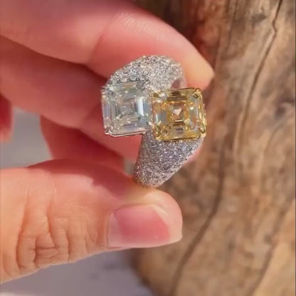 5.00 CT Asscher Fancy Yellow & White Lab Grown Diamond Engagement Ring | Pavé Bypass Ring | IGI Certified