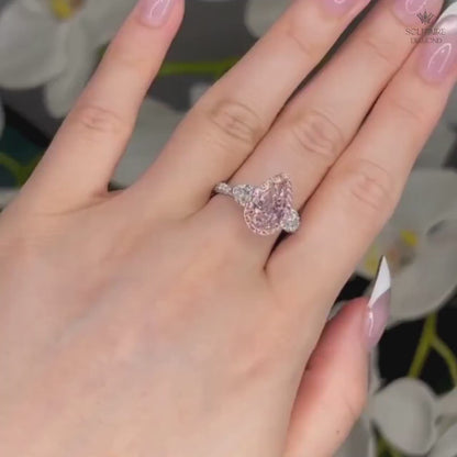 6.0 CT Fancy Pink Pear Lab Grown Diamond Engagement Ring | Statement Three Stone Ring | IGI Certified