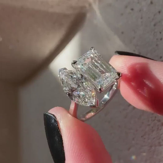 Marquise emerald cut 5TCW lab created diamond Toi Et Moi ring, IGI certified engagement jewelry for women