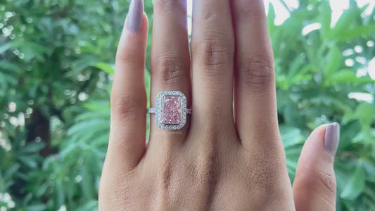 5.00 CT Fancy Pink Radiant Lab Grown Diamond Engagement Ring | Halo Ring | IGI Certified