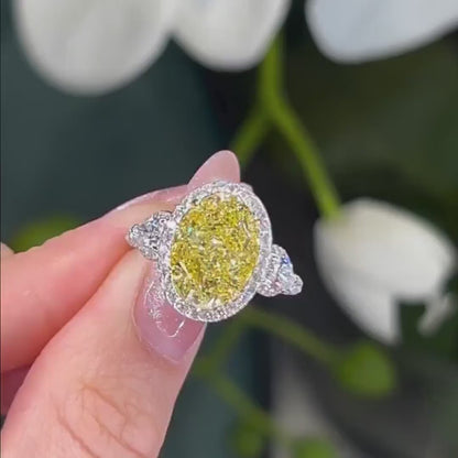 9.00 CT Fancy Yellow Oval Lab Grown Diamond Engagement Ring | Pavé Three Stone Ring | IGI Certified