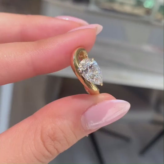 Pear shaped lab grown diamond engagement ring, 1.50TCW wave band setting, IGI certified wedding ring for her