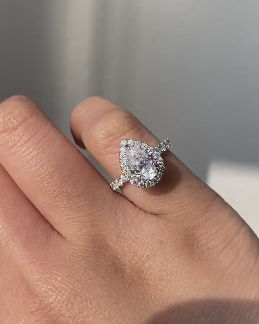 3.00 CT Pear Cut Lab Grown Diamond Solitaire Ring | Pave Band & Hidden Halo Cluster | IGI Certified