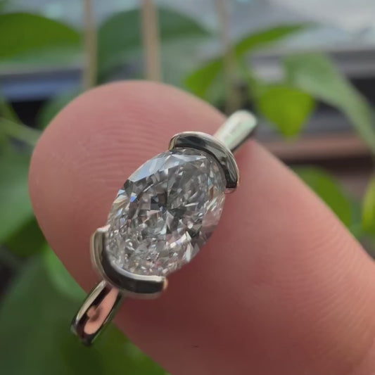 1.00 CT Oval Lab Grown Diamond Engagement Ring | Half Bezel Setting | IGI Certified