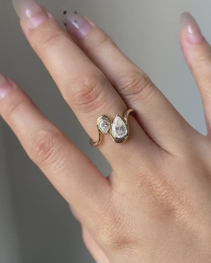 Double pear lab grown diamond ring 1.50 TCW, Toi Et Moi bypass engagement ring, IGI certified jewelry, pear cut bridal solitaire design