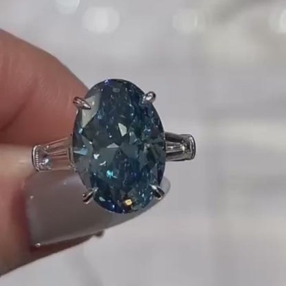 7.00 CT Fancy Blue Oval Lab Grown Diamond Engagement Ring | Cathedral Three Stone Ring | IGI Certified