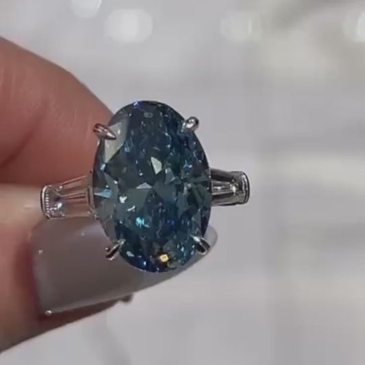 6.00 CT Fancy Blue Oval Lab Grown Diamond Engagement Ring | Cathedral Three Stone Ring | IGI Certified