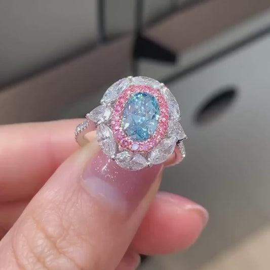 2.00 CT Fancy Blue Oval Lab Grown Diamond Engagement Ring | Double Halo Ring | IGI Certified