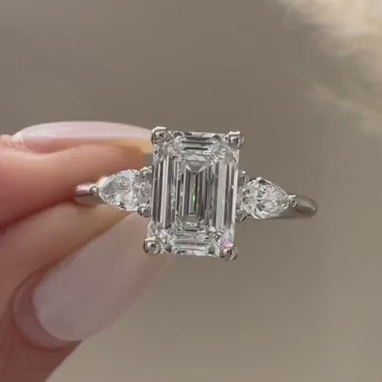 3.50ct emerald cut lab grown diamond three stone ring pear side stones engagement wedding ring bridal jewelry luxury sustainable gift for wife