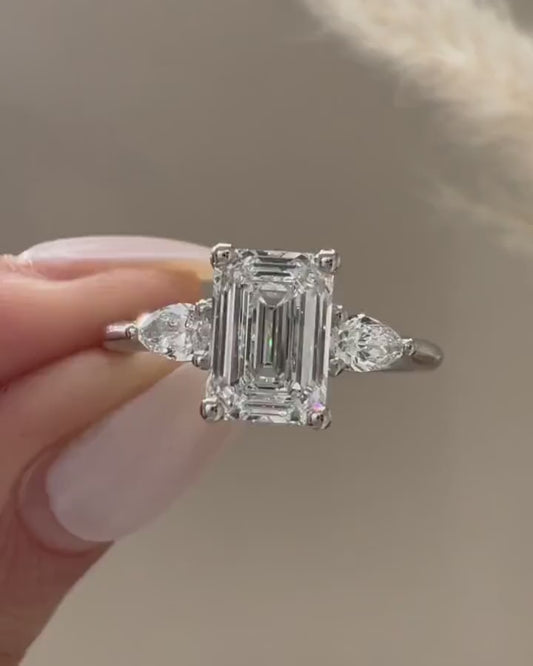 3.50ct emerald cut lab grown diamond three stone ring pear side stones engagement wedding ring bridal jewelry luxury sustainable gift for wife