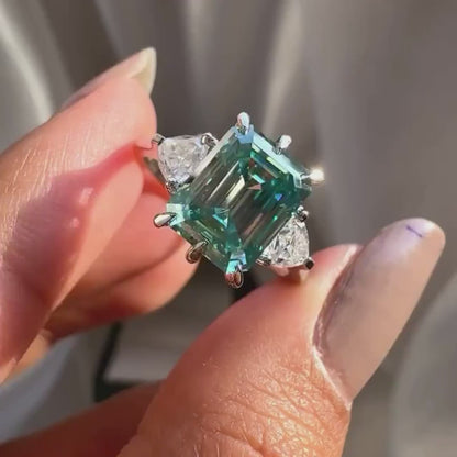 9.50 CT Fancy Blue Emerald Lab Grown Diamond Engagement Ring | Trillion Side Stone | IGI Certified