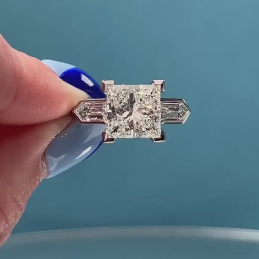 2.50TCW Princess Cut Lab Grown Diamond Ring IGI Certified Cathedral Bezel Setting White Gold Bullet Sides Bridal Engagement Wedding Ring