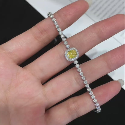 Cushion 1.80tcw Fancy Yellow Lab Grown Diamond Round White Halo Side Stone Bracelet, VS Clarity, IGI Certified Bracelet