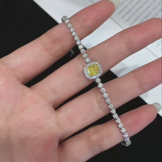 Cushion 1.80tcw Fancy Yellow Lab Grown Diamond Round White Halo Side Stone Bracelet, VS Clarity, IGI Certified Bracelet