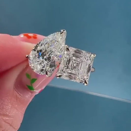 5.00 TCW IGI certified pear and Asscher lab grown diamond engagement ring, two stone bridal ring for her