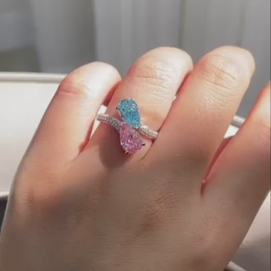 2.50 TCW fancy pink & blue pear lab grown diamond engagement ring bypass pavé band IGI certified three stone bridal wedding jewelry ring gift