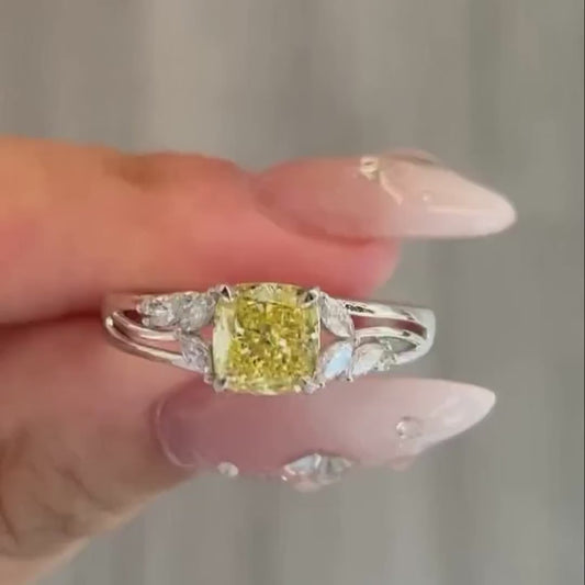 3.00ct IGI certified fancy yellow cushion lab grown diamond engagement ring, split shank setting, bridal jewelry, elegant wedding ring for women