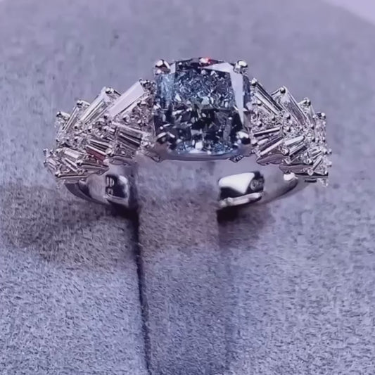 Blue lab grown diamond engagement ring with cushion cut center stone, baguette side diamonds, IGI certified, fine jewelry, promise ring