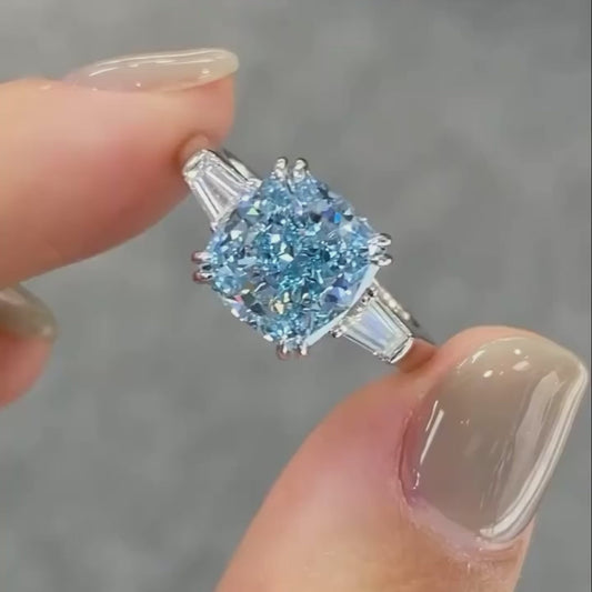 3.50 TCW fancy blue cushion lab grown diamond engagement ring with classic three stone setting, IGI certified luxury bridal jewelry ring design